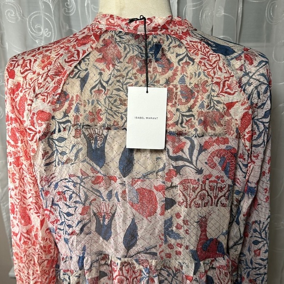 Isabel Marant Floral Bird Sheer Silk Babydoll Blouse size 36 -Small NEW Red Blue - Picture 4 of 16